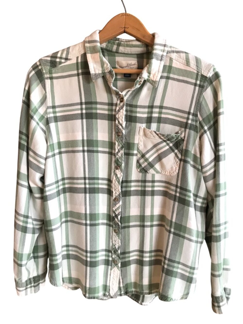 Universal Thread Soft Flannel Shirt, Cream and Green Plaid One Pocket Size XL